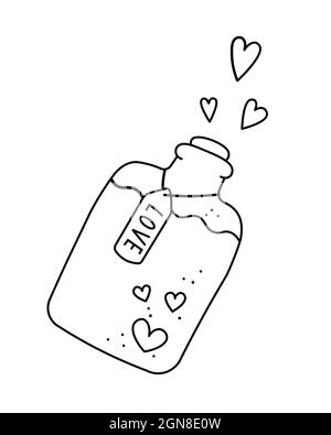 Élixir d'Amour. Love Potion le concept de la Saint-Valentin pour une carte postale ou une affiche. Illustration vectorielle de style doodle isolée sur fond blanc. Illustration de Vecteur