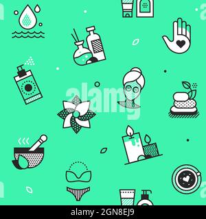 Le esthéticien est décoré de motifs et de lignes emblématiques. Arrière-plan vert. Des images en noir et blanc de haute qualité d'un APS parfait et détendez-vous. Soins de la peau an Illustration de Vecteur