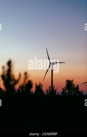 Silhouette de l'éolienne debout contre le ciel clair au crépuscule Banque D'Images