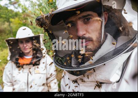 Apiculteur mâle et femelle avec abeilles sur la combinaison protectrice à la ferme Banque D'Images