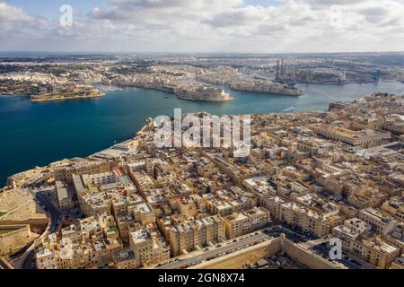 Malte, région du Sud-est, Valletta, vue aérienne de la ville côtière historique Banque D'Images