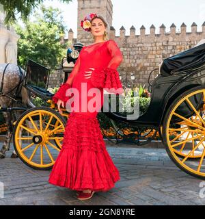 Danseuse vêtue d'une robe flamenco debout en calèche Banque D'Images