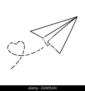 Voyage amour itinéraire d'avion. Concept romantique de la Saint-Valentin. Illustration vectorielle de style doodle isolée sur fond blanc. Tracé de la ligne en pointillés du cœur Illustration de Vecteur