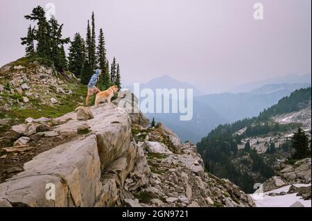 Randonneur mâle et chien moelleux debout sur la falaise dans la région alpine Banque D'Images