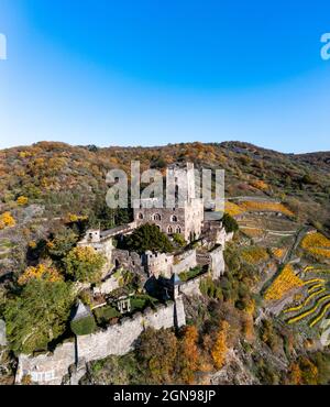 Allemagne, Rhénanie-Palatinat, Kaub, vue en hélicoptère du château de Gutenfels en été Banque D'Images