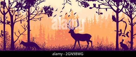 Bannière horizontale. Silhouette de cerf, renard, lièvre debout sur la prairie dans la forêt. Silhouette d'animaux, d'arbres, d'herbe. Paysage magique et brumeux, brouillard. Ora Banque D'Images