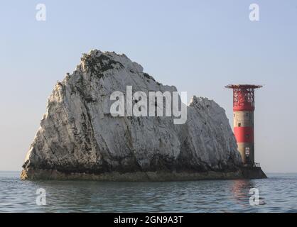 Gros plan sur le phare de Needles sur l'île de Wight Banque D'Images