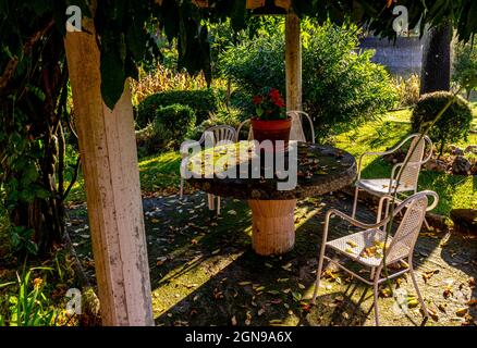 aire de pique-nique dans un jardin avec table et chaises Banque D'Images