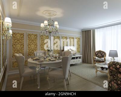 Luxueuse salle de séjour de style classique avec murs beige, mobilier classique, moulures blanches, lustre et moquette sur parquet. Illustration 3d 6K Banque D'Images