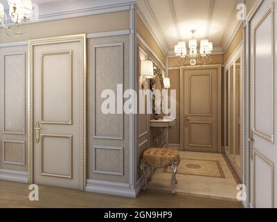 Un hall d'entrée luxueux de style classique avec garniture dorée, murs beige, moulures blanches, lustres, parquet et sol en marbre. 6K 6144x4608 Banque D'Images