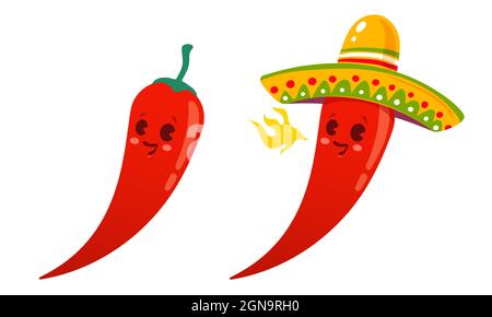 Illustration vectorielle d'un piments épicés avec une flamme. Piment rouge de dessin animé avec une flamme pour la cuisine mexicaine ou thaïlandaise. Dessins animés différents chi rouges Illustration de Vecteur