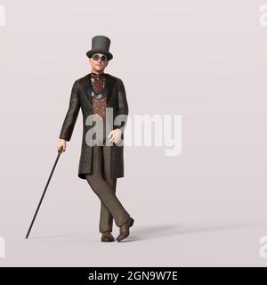 Illustration 3D d'un personnage victorien de stéampunk gent avec chapeau haut. Objet de rendu isolé Banque D'Images