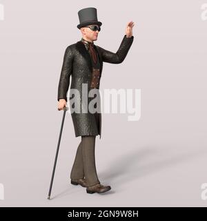 Illustration 3D d'un personnage victorien de stéampunk gent avec chapeau haut. Objet de rendu isolé Banque D'Images