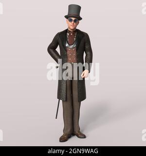 Illustration 3D d'un personnage victorien de stéampunk gent avec chapeau haut. Objet de rendu isolé Banque D'Images