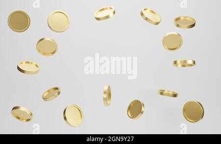 Explosion de pièces de monnaie dorées sur fond blanc. Concept de zone de sélection de jackpot ou de casino. rendu 3d. Banque D'Images