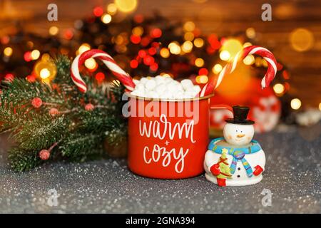 Boisson d'hiver réchauffante. Chocolat chaud avec marshmallows en fusion Banque D'Images