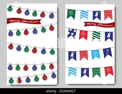Un lot de deux cartes pour le nouvel an et noël. Ballons et drapeaux des fêtes. Illustration vectorielle. Illustration de Vecteur