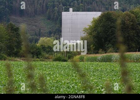 PRODUCTION - 20 septembre 2021, Rhénanie-du-Nord-Westphalie, Würgassen: Vue de l'ancienne centrale nucléaire de Würgassen. La Gesellschaft für Zwischenlagerung (BGZ) prévoit un centre logistique pour les déchets radioactifs de faible et intermédiaire pour le dépôt de Konrad en Basse-Saxe sur le site de l'ancienne centrale nucléaire de Würgassen. Photo: Swen Pförtner/dpa Banque D'Images