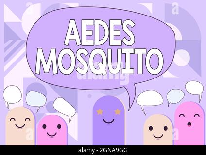 Légende du texte présentant Aedes Mosquito. Mot écrit sur le moustique de la fièvre jaune qui peut propager la fièvre dengue dessins de têtes de dessin avec Banque D'Images