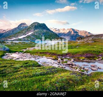 L'eau pure créec près du lac Totensee au sommet de Grimselpass. Matin d'été coloré dans les Alpes suisses, canton de Berne, Suisse, Europe. Artiste Banque D'Images