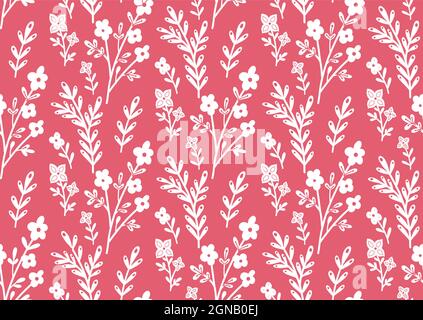 Motif monochrome sans couture avec contour blanc des fleurs et des branches sur fond rose. Silhouettes de tiges avec fleurs et feuillage. délique vecteur Illustration de Vecteur