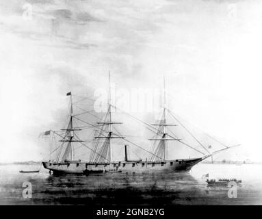 USS Hartford, un navire de guerre à vapeur, a été le premier navire de la marine des États-Unis nommé pour Hartford, la capitale du Connecticut. Hartford a servi dans plusieurs campagnes importantes de la guerre de Sécession en tant que vaisseau amiral de David G. Farragut, plus particulièrement la bataille de Mobile Bay en 1864. Elle a survécu jusqu'en 1956, quand elle a sombré en attendant la restauration à Norfolk, en Virginie. Banque D'Images