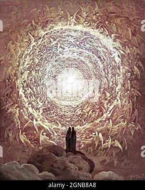Machine Colorisé Paradiso ('Paradis' ou 'ciel') est la troisième et dernière partie de la Divine Comédie de Dante, après l'Inferno et le Purgatorio. C'est un récit allégorique du voyage de Dante dans le ciel, guidé par Beatrice, qui symbolise la théologie. Dans le poème, le Paradis est représenté comme une série de sphères concentriques entourant la Terre, comprenant la Lune, Mercure, Vénus, le Soleil, Mars, Jupiter, Saturne, les étoiles fixes, le Primum Mobile et enfin, le Empyrean. Il a été écrit au début du XIVe siècle. Allegoriquement, le poème représente l'ascension de l'âme vers Dieu. Du Divin Banque D'Images