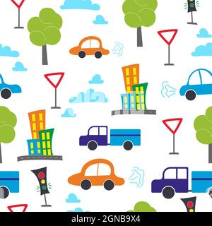 Thème transport avec voiture. Motif sans couture isolé sur fond blanc. Illustration de Vecteur