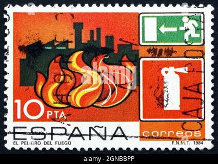 ESPAGNE - VERS 1984: Un timbre imprimé en Espagne montre incendie, prévention des accidents industriels, vers 1984 Banque D'Images