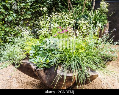 Une terrasse en gravier avec chaise et récipients richement plantés. Banque D'Images