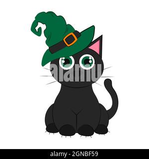 Joli chat noir portant un chapeau de sorcière. Illustration vectorielle plate. Chats noirs pour Halloween. Illustration de Vecteur