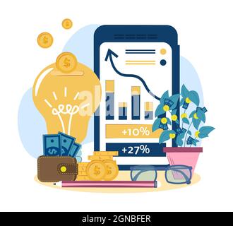 concept de contribution financière à l'innovation. Capital-risque, investissement, financement, gros profit, pièces d'or, démarrage, croissance de l'argent. Vecteur plat il Illustration de Vecteur
