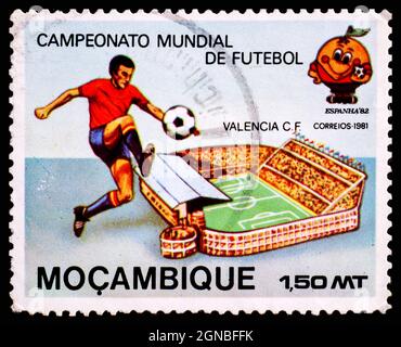 ESPAGNE - VERS 1981: Timbre-poste de l'Espagne montrant Campeonato Mundial de Futebol Mocambique Banque D'Images