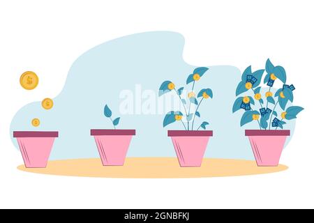 Croissance progressive d'un arbre d'argent à partir de pièces d'or dans un pot. Investissement des entreprises et concept de croissance des revenus. Économiser et augmenter l'argent. illust à plat vectoriel Illustration de Vecteur
