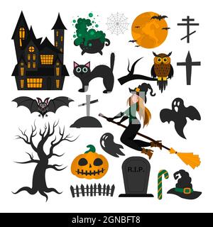 Ensemble d'objets pour Halloween. Symboles des fêtes. Objets isolés d'un hibou, d'une chauve-souris, d'un chat noir, d'un sourire de citrouille, d'une toile de toile, chou-fleur avec potion, sorcière sur un Illustration de Vecteur