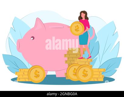 Tirelire avec pièces de monnaie. Illustration vectorielle de style plat. La femme met de l'argent dans une banque de porc. Concept de services bancaires et commerciaux Illustration de Vecteur