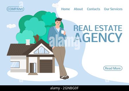 Un agent immobilier offre une maison à l'achat ou à la location. Concept pour la vente, l'achat, le loyer, l'investissement en capital de biens immobiliers. Agence immobilière nous Illustration de Vecteur