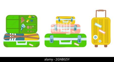 Un ensemble de valises pour voyager. Illustration vectorielle plate. Valise ouverte, fermée et trois dans un tas. Repos, déplacement. Sacs à bagages. Illustration de Vecteur