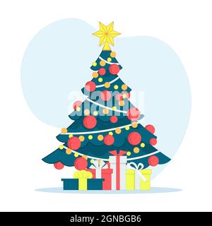 Arbre de Noël avec boîtes-cadeaux isolées sur fond blanc. Illustration vectorielle dans un style plat. Étoile, boules de Noël, ampoules sur l'arbre. Nouveau Illustration de Vecteur
