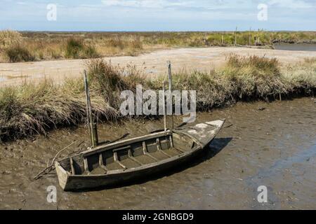 Vieux bateaux anciens laissés dans les marais salants, les marécages de la lagune d'Aveiro, réserve naturelle, Portugal. Banque D'Images