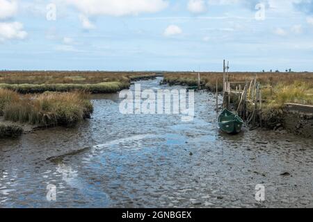 Vieux bateaux anciens laissés dans les marais salants, les marécages de la lagune d'Aveiro, réserve naturelle, Portugal. Banque D'Images