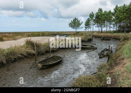 Vieux bateaux anciens laissés dans les marais salants, les marécages de la lagune d'Aveiro, réserve naturelle, Portugal. Banque D'Images