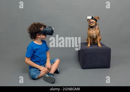 Un garçon caucasien de 4-5 ans aux cheveux bouclés et son chiot avec des lunettes de réalité virtuelle sur fond gris Banque D'Images