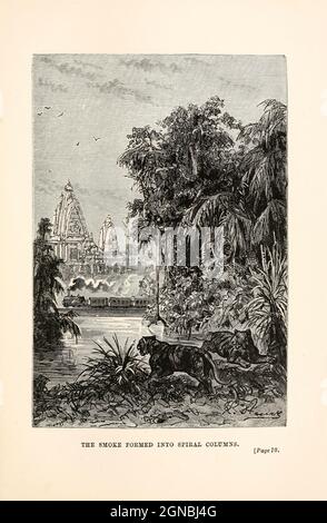 La fumée s'est formée en colonnes spiralées. D'après le livre ' autour du monde en quatre-vingt jours ' de Jules Verne (1828-1905) traduit par Geo. M. Towle, publié à Boston par James. R. Osgood & Co. 1873 première édition aux États-Unis Banque D'Images