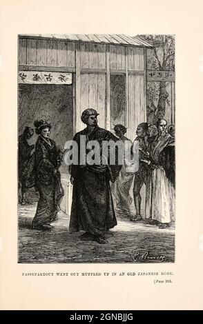 Passespartout sortit étouffé dans une vieille robe japonaise. Du livre ' autour du monde en quatre-vingt jours ' de Jules Verne (1828-1905) traduit par Geo. M. Towle, publié à Boston par James. R. Osgood & Co. 1873 première édition aux États-Unis Banque D'Images