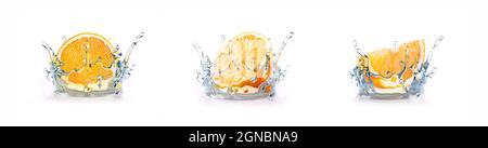 les oranges éclabouissent de l'eau isolée sur un fond blanc, rendu 3d Banque D'Images