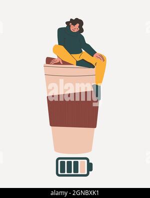 La femme est assise sur un grand verre de café. Icône de charge de la batterie comme symbole de boisson énergisante. Illustration de Vecteur