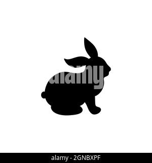 Illustration d'une silhouette de lapin noir dessiné à la main sur fond blanc. Motif graphique abstrait lapin de pâques pour tatouage imprimé animal Banque D'Images