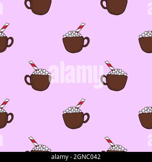 Motif sans couture avec tasse de cacao et guimauves dessinées à la main. Textures vectorielles de style Doodle sur fond coloré. Pour papier peint, emballage, affiches, Illustration de Vecteur