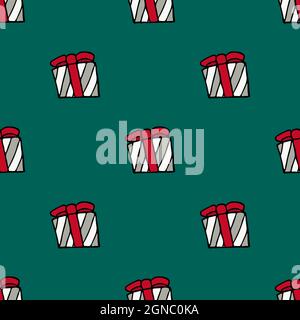 Motif sans couture avec boîte cadeau dessinée à la main. Textures vectorielles de style Doodle sur fond coloré. Pour le papier peint, l'emballage, les affiches, les cartes ou tout autre motif Illustration de Vecteur